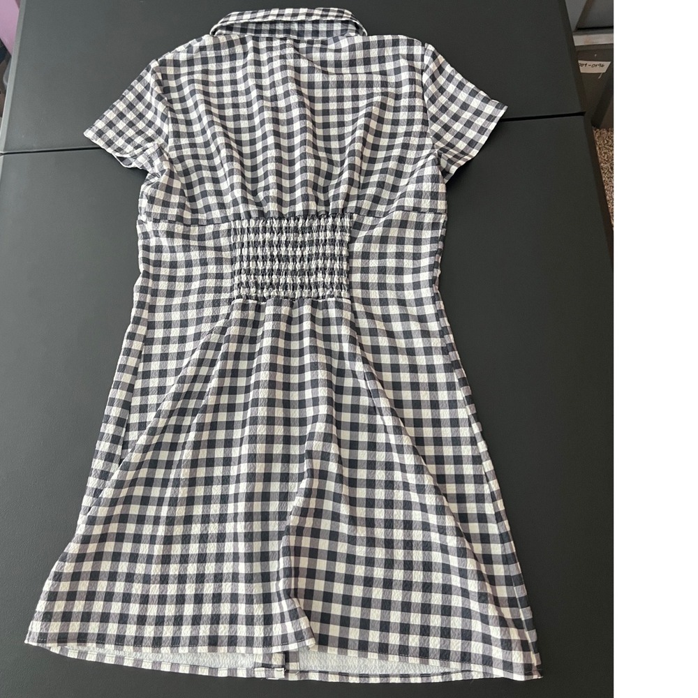 Sold*Black White Gingham Button Front Mini Dress Short Sleeve Smocked Med 1009 - Picture 8 of 10